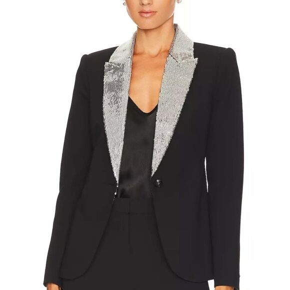 L' AGENCE 'Clementine' Sequin Lapel Ponte Blazer, Black/Silver 00 $850 - Picture 1 of 13